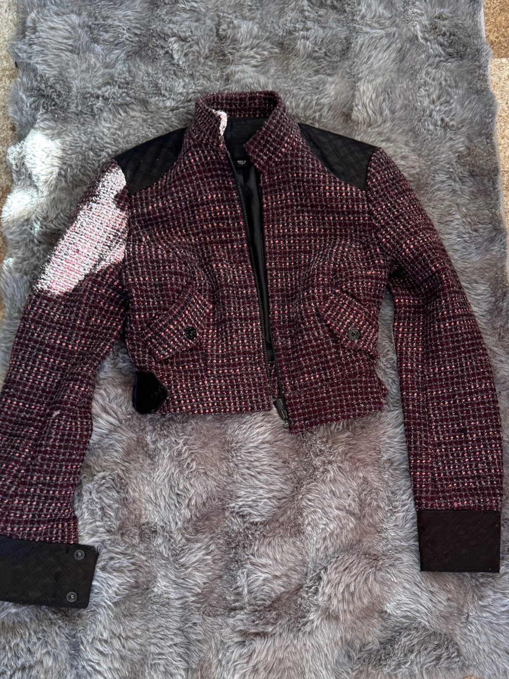 Bebe Burgundy Tweed Cropped Blazer with Black Quilted Trim